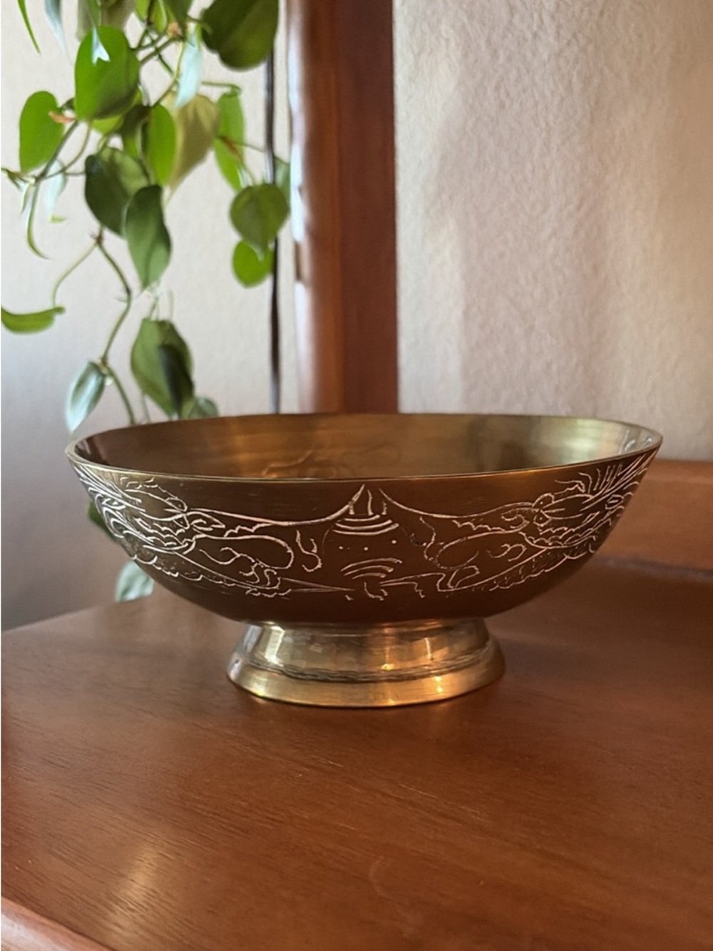 Vintage Hand Engraved Solid Brass Footed Bowl Trinket Dish